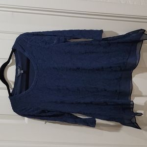 VERA WANG Simply Vera Navy Blue Long Sleeve Semi Sheer Top Shirt Size XS